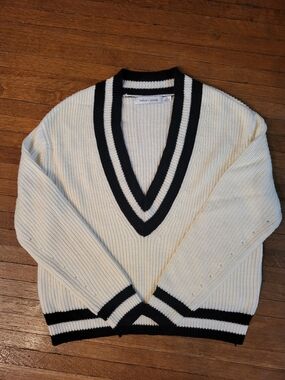 bishop + young Cream V-Neck Sweater with Black Trim